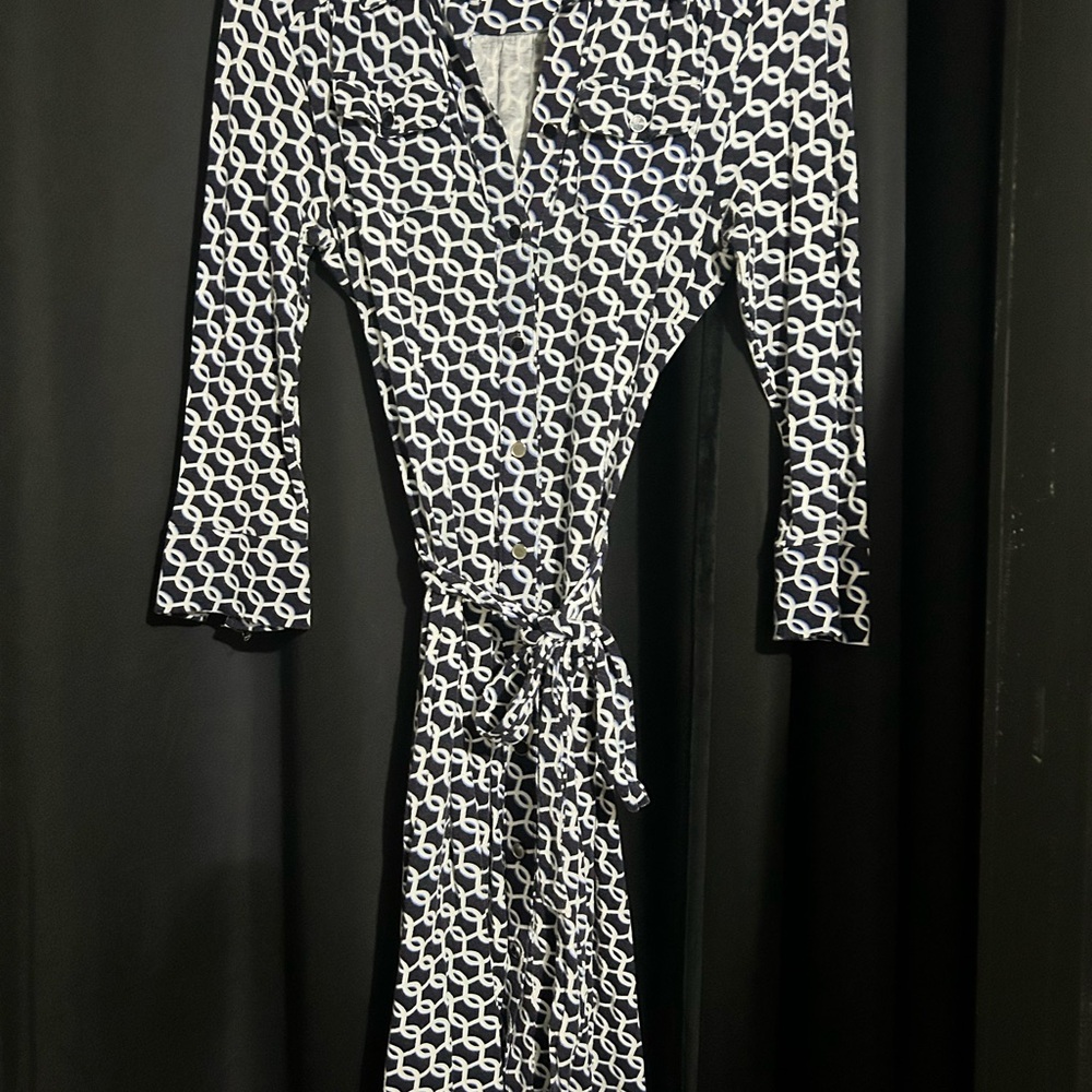 Women’s Navy and White Patterned Shirt Dress with Tie Waist